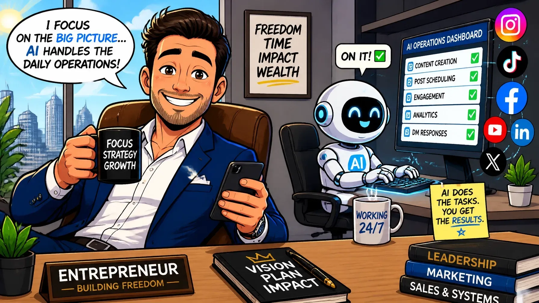 Emprendedor delegando tareas a su oficina de inteligencia artificial